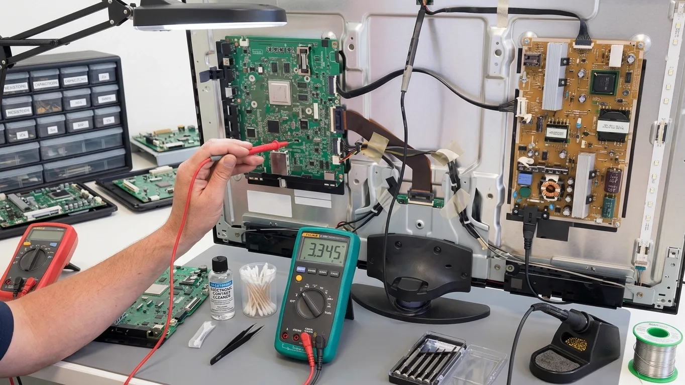 Técnico medindo a placa de uma TV aberta na bancada da assistência