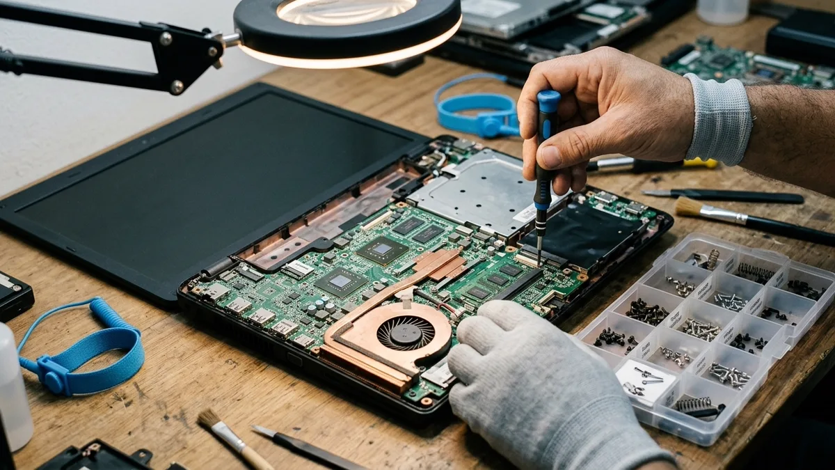 Notebook desmontado na bancada com placa-mãe, cooler e chave de precisão